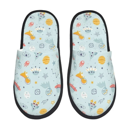 Balery Space With Dino Astronauts Slient Indoor Furry Fleece Comfort House Shoes Soft Non-Slip Home Shoes Cotton slippers House Slippers-- Medium