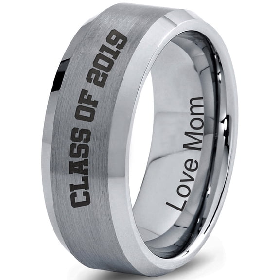 Tungsten Graduating Class Of 2019 Engraved Love Mom Band Ring 8mm Men Women Comfort Fit Gray Step Bevel Edge Brushed Polished