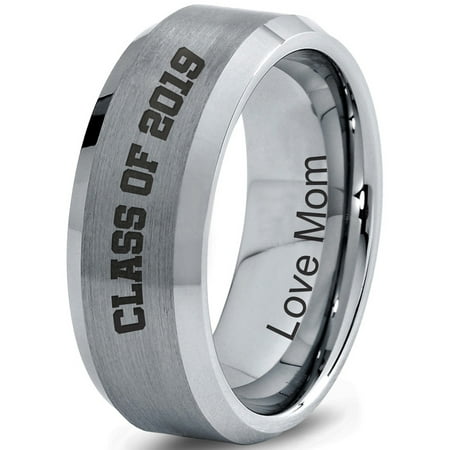 Band Mom Ring - Tungsten Graduating Class Of 2019 Engraved Love Mom Band Ring 8mm Men Women Comfort Fit Gray Step Bevel Edge Brushed Polished