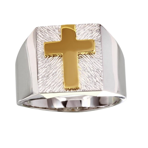 Two-Tone 925 Gold Plated Sterling Silver Men's Cross Ring Band Jewelry Female Male Unisex Size 10