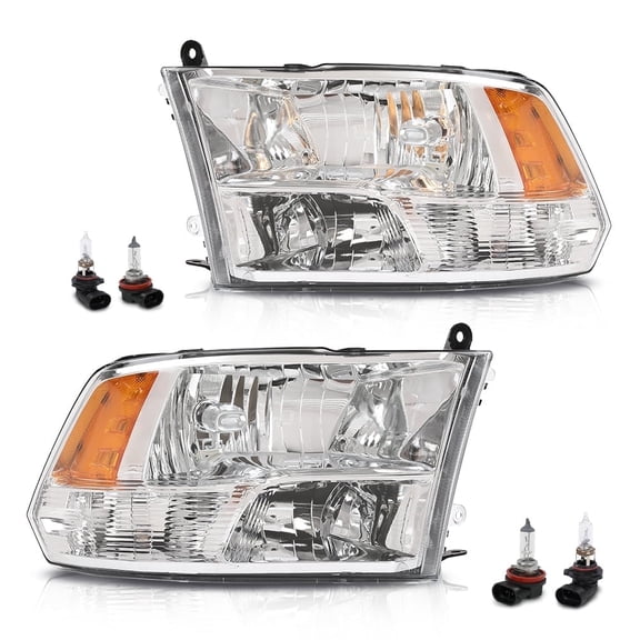 CROSSDESIGN Pair Headlights Assembly w/ Bulbs Chrome Fit for 09-18 Dodge Ram 1500 2500 3500