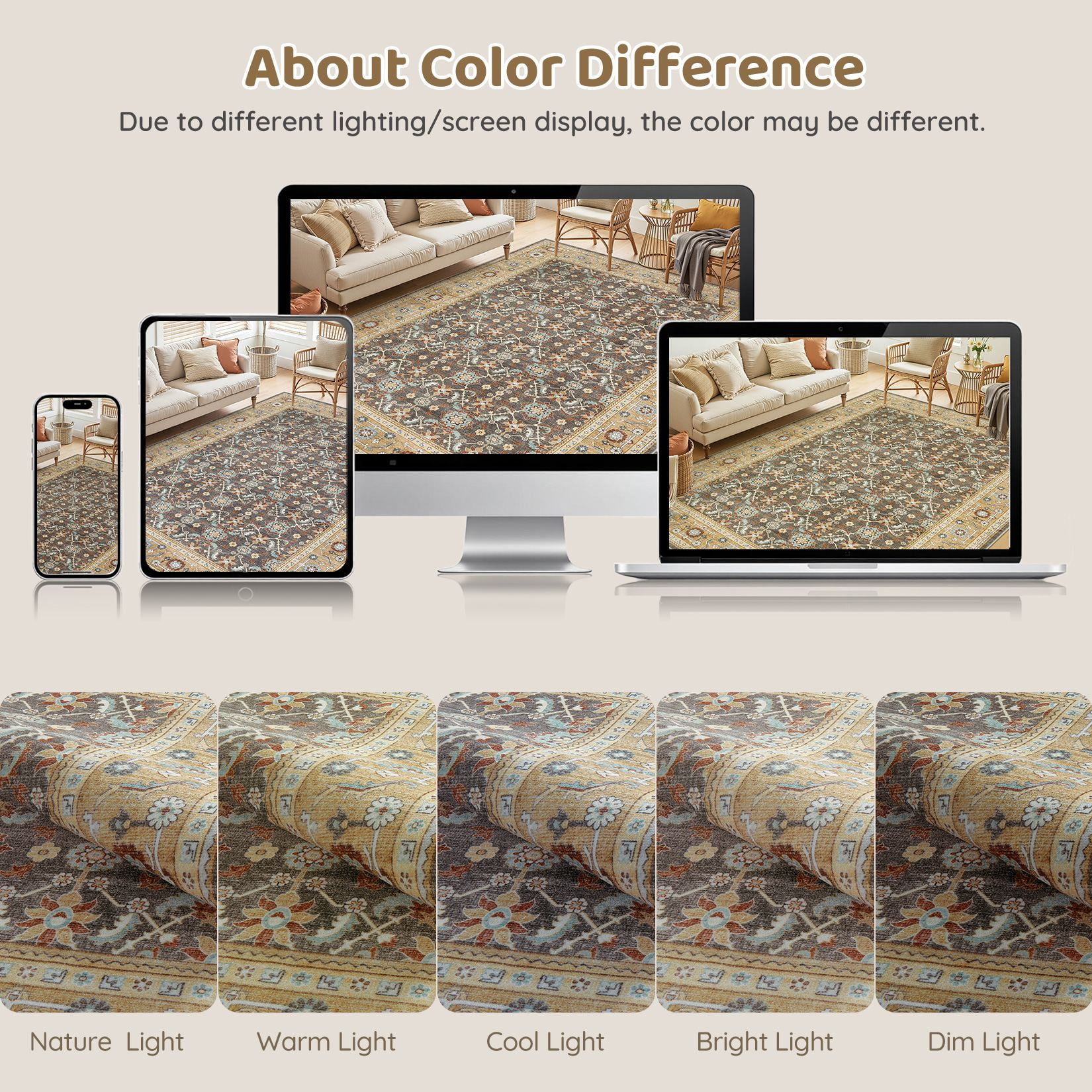 UERMEI 5'x7' Washable Area Rugs for Living Room, Vacuum Friendly, Non-Silp Low-Pile Rug for Bedroom, Boho Home Decor Carpets, Brown