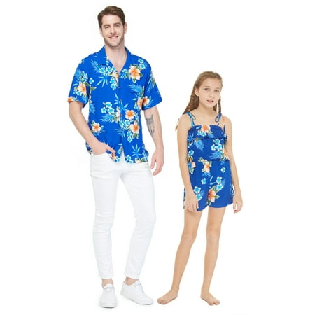 

Matching Father Daughter Hawaiian Dance Shirt Romper PInk White Hibiscus Vine
