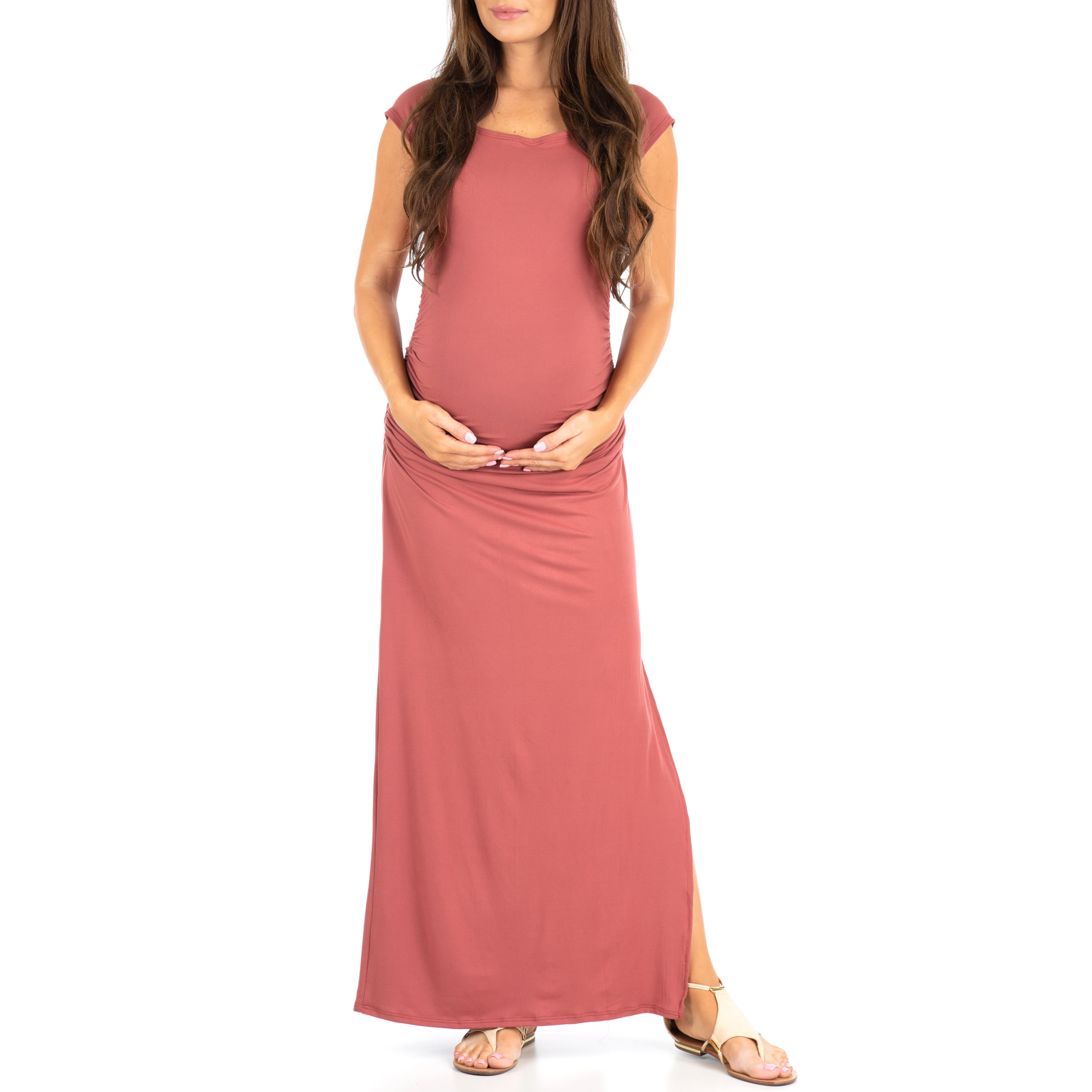 Shortsleeve Ruched Bodycon Maternity Dress with Side Slits 