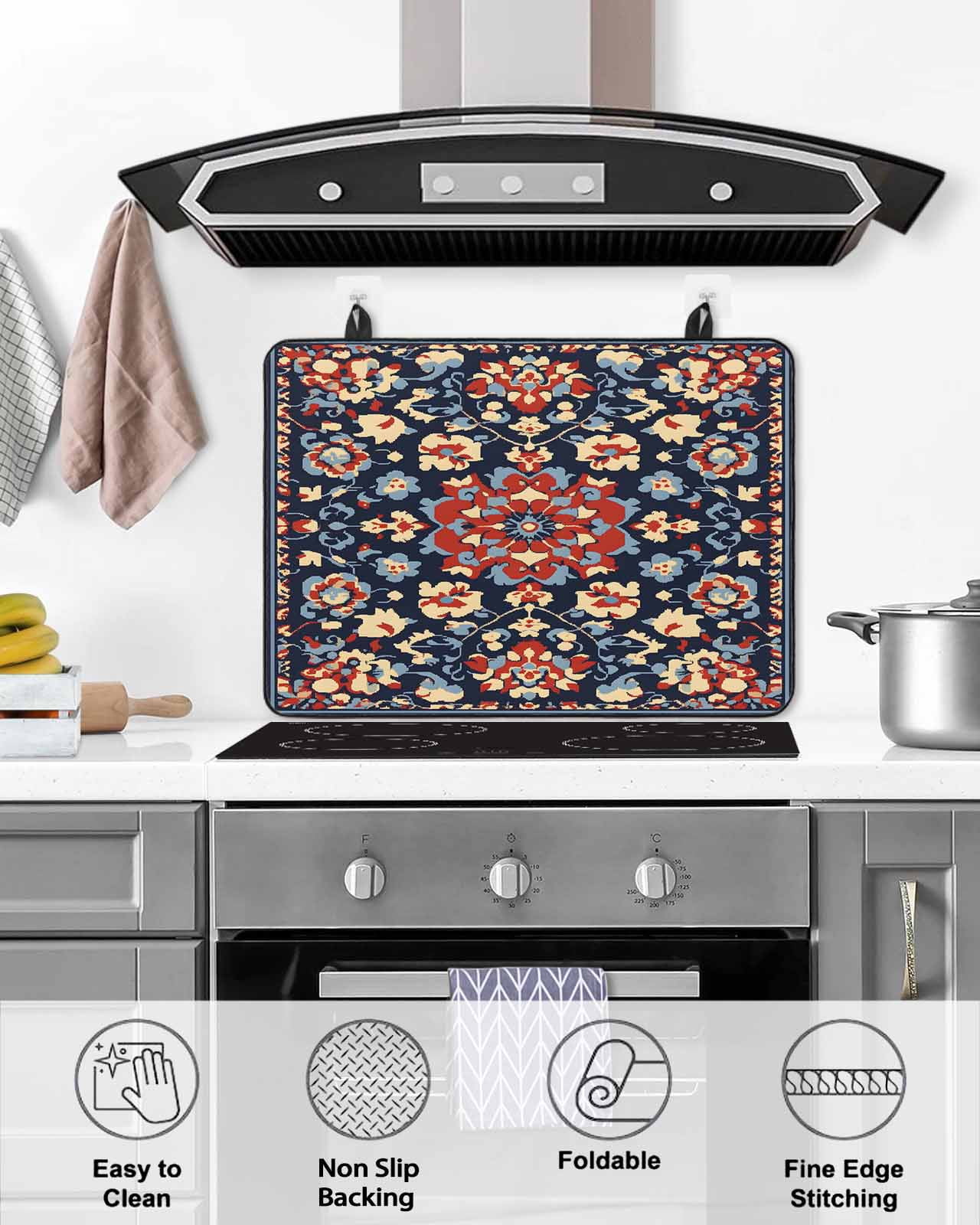 nqOlkjepod Large Induction Cooktop Protector Mat 36"x21", Red Blue Geometric Stove Top Covers for Electric Stove, Ethnic Vintage Southwest Floral Stove Burner Cover Mats, Glass Top Stove Cover