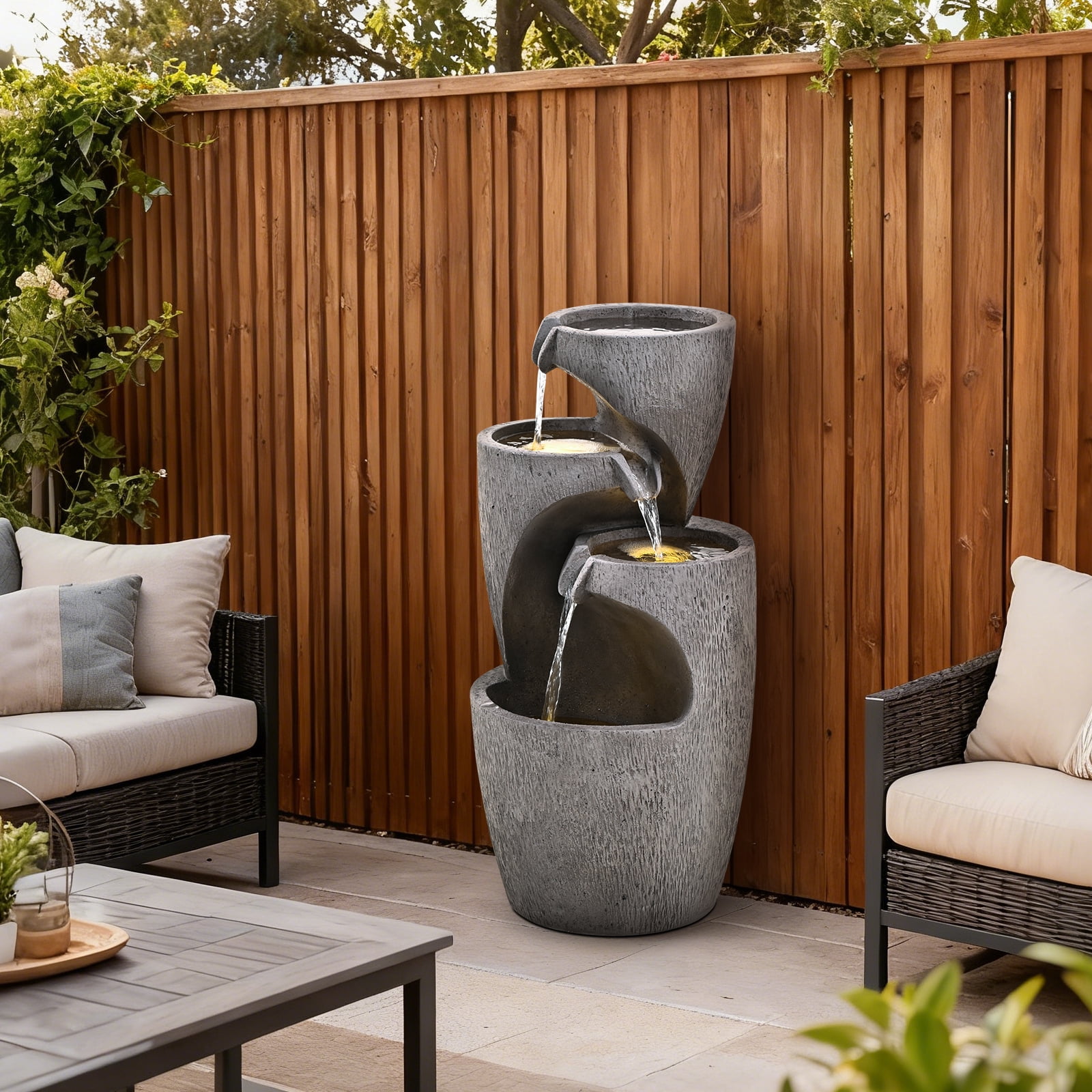 28" Outdoor Cascading Garden Water Fountain for Patio, Backyard, Deck, Porch and Home Decor, 3-Tiers Clay Pot Fountain with Lights