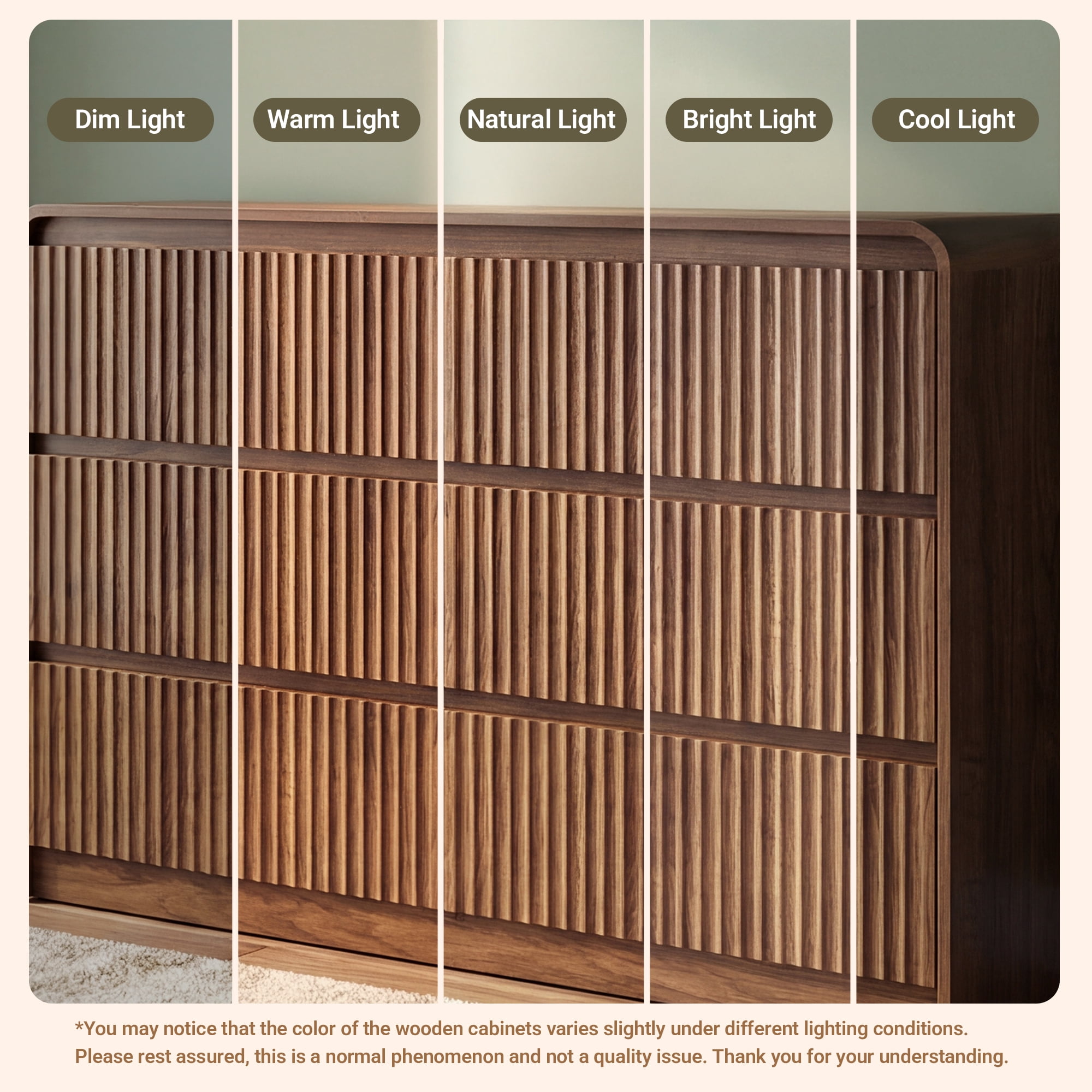 YDN Modern Fluted 6 Drawers Dressers for Bedroom - 47" Wooden Wide Storage Organizer Dresser, Curved Chest of Drawers with 6 Drawers & Anti-Tip for Closet Hallway, Entryway, Living Room,Walnut