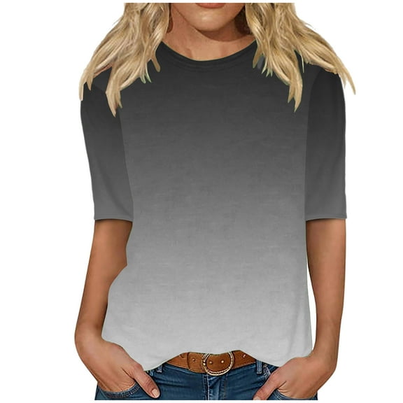 Husipze 3/4 Length Sleeve Shirts for Women Casual Loose T Shirts Plus Size Tunic Tops Print Pullover Blouse Gray L