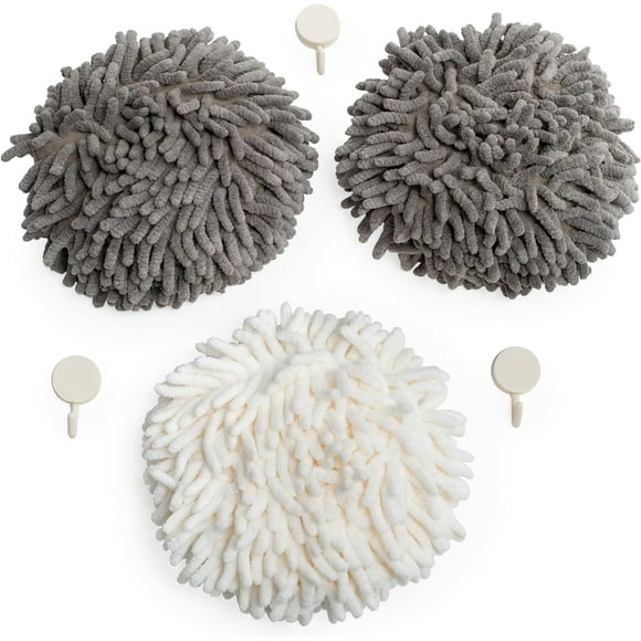 Fluffy Puffin Microfiber Hand Towels - Set of 3 Fluffy Hand Towels with Wall Hook Attachment - Quick and Easy Hand Drying Puffs Grey and White