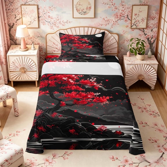 Manfei Ink Blossom Twin Sheet Sets for Teens, Moon Mountain Bedding, Black Red White 3-Piece, 1 Flat Sheet, 1 Fitted Sheet and 1 Pillowcase