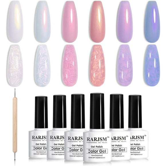 AIR-Pearl Gel Nail Polish Set Iridescent Shell Glitter Gel Polish 6 Sunset Colors Light Purple Blue Pink Red Gold Shimmer Mermaid Swirl Thread Effect Soak Off LED UV Curing Requires Home Salon
