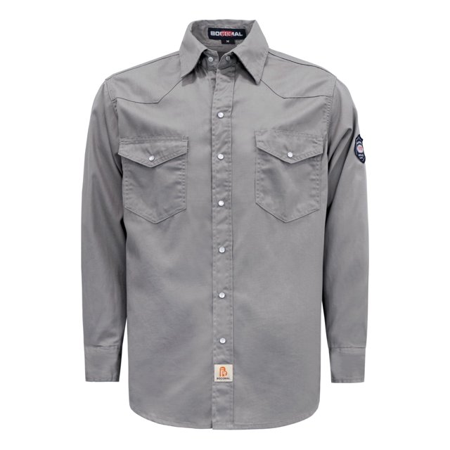 Camisas BOCOMAL FR para hombre, camisa ligera de soldadura resistente al fuego de 6,25 oz, camisa ignífuga gris claro para hombre