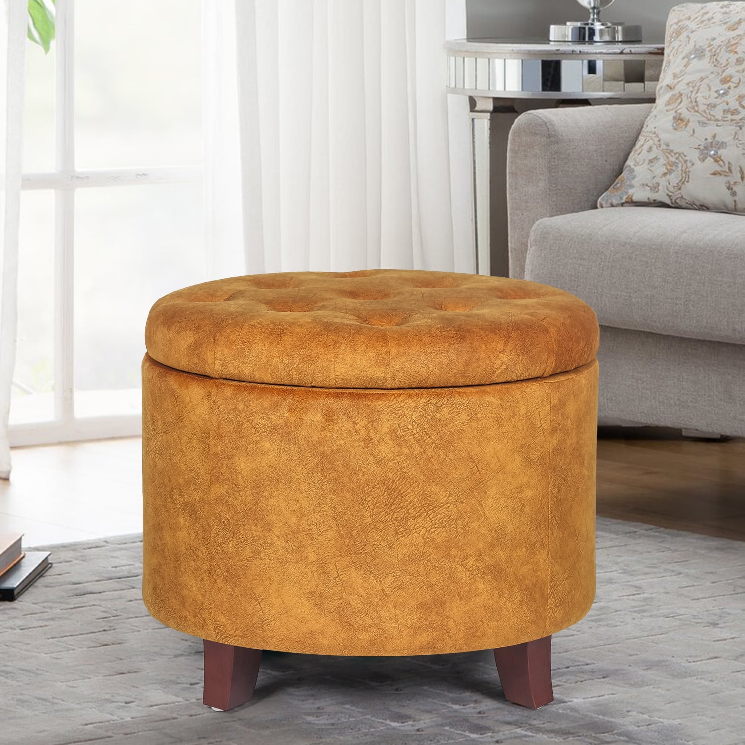 Joveco Button Tufted Round Storage Ottoman Stool Foot Rest with Wood