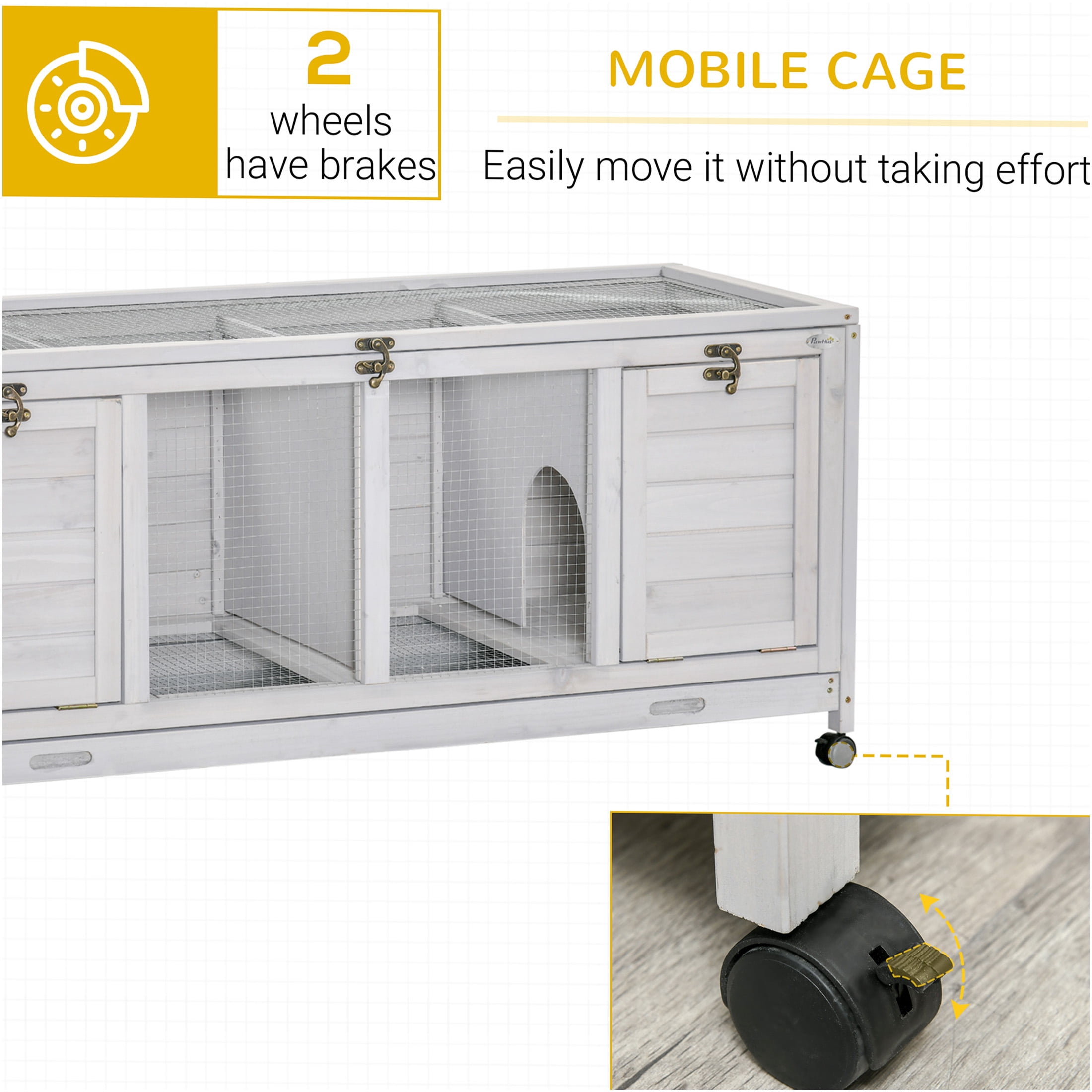 JERFIT 2-Tier Rabbit Hutch with Wheels, Gray Wooden Bunny Cage w/ Openable Roof, Divider Panel & Pull-Out Tray for Indoor/Outdoor Small Pets