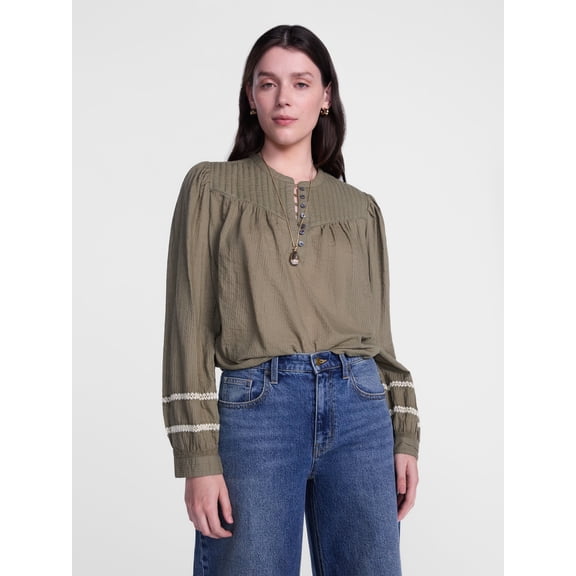 Scenario Women's and Women's Plus Quilted Detail Long Sleeve Top, Sizes XS-4X