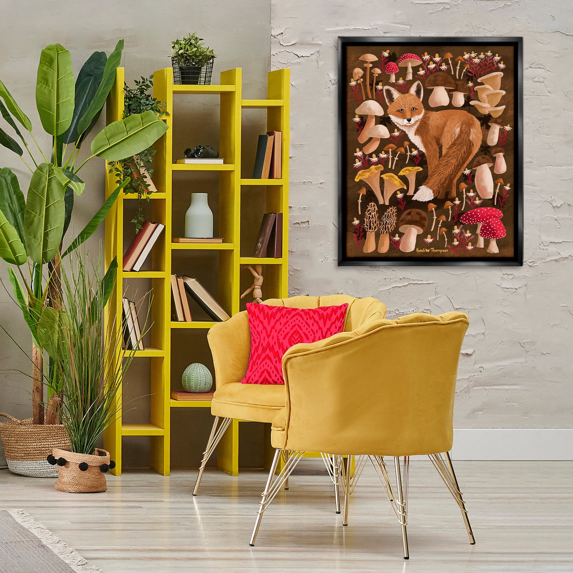 Stupell Industries Fox & Cottage Mushrooms Animals Painting Black Floater Framed Canvas Art Print Wall Art, 25 x 31