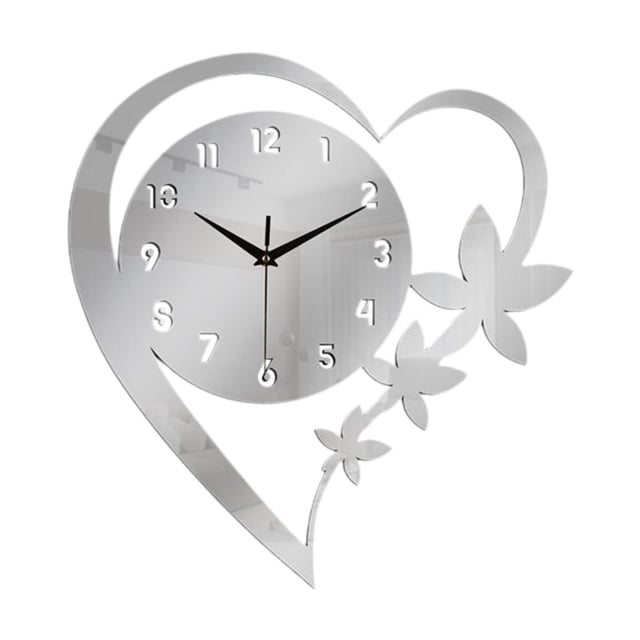 Reloj de pared con forma de corazón y flores, arte de pared, silencioso, sencillo, elegante, minimalista, decoración para Plata