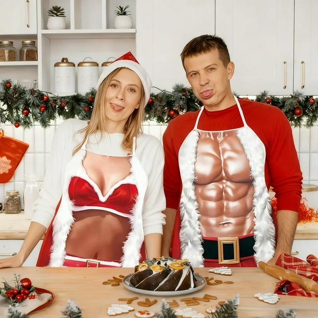 Delantal Navideño para Parejas | Delantal de Cocina Rojo de Poliéster, 75 X 65 Cm | Resistente a Las Manchas con Cinta Ajustable | Bolsillo Frontal | Ideal para Cocinar, Hornear y Jardinería | 1 Unid