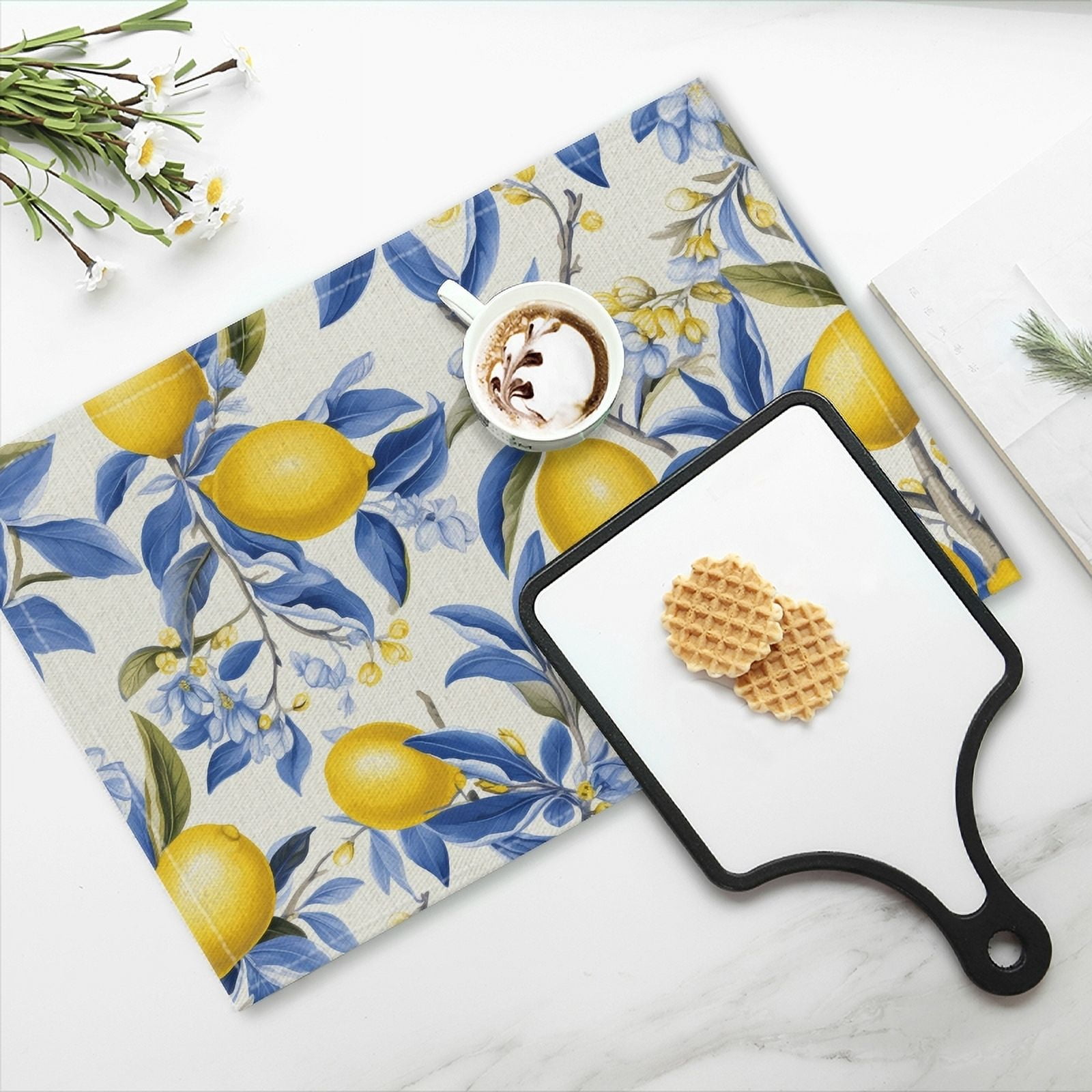 BaHomeck placemats Set of 4 Lemon Tree With Lemons And Blue Flowers On White Background Cotton Linen rectangle Placemats for Kitchen Dining Table Indoor,Outdoor,18*12inch
