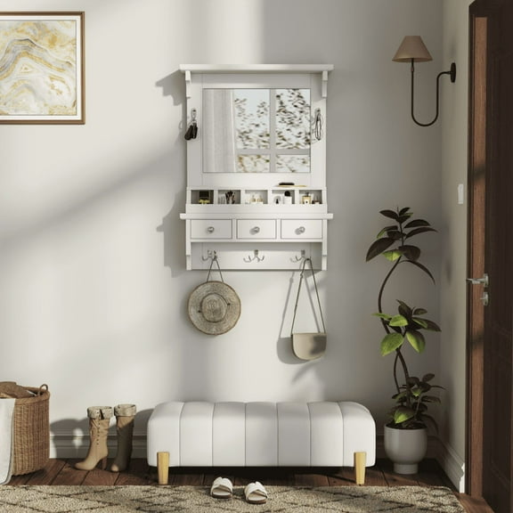 Floating Makeup Vanity with Big Mirror, Wall-Mounted Storage Vanity with Drawers, Pockets & Hooks, Space-Saving Decorative Home Organizer for Small Space, White    RR