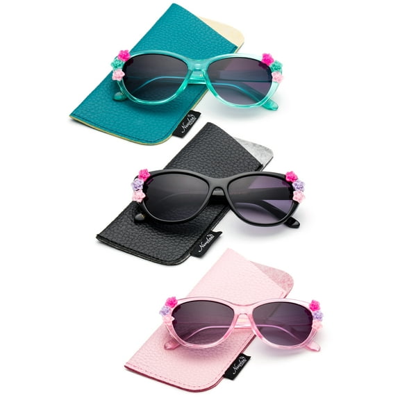 Newbee Fashion- Kids Girls Toddlers Fashion Sunglasses Cateye Cute Sunglasses with Flowers UV Protection w/Pouch (0-5 YRS)