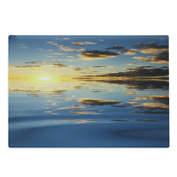 Mystic Cutting Board, Last Sun Rays of the Day Vibrant Scenery Romantic Dreamy Tropical Vacation Image, Decorative Tempered Glass Cutting and Serving Board, Large Size, Yellow Blue, by Ambesonne