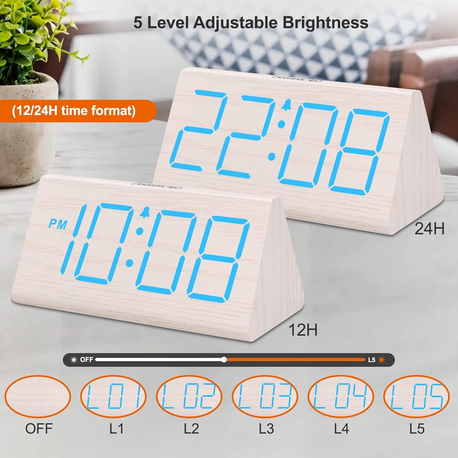 Wooden Digital Alarm Clocks for Bedrooms - Electric Desk Clock with Large Numbers, USB Port, Loud Alarm for Heavy Sleepers, Adjustable Volume, Dimmer, Snooze, DST, Wood Décor, Adapter Powered