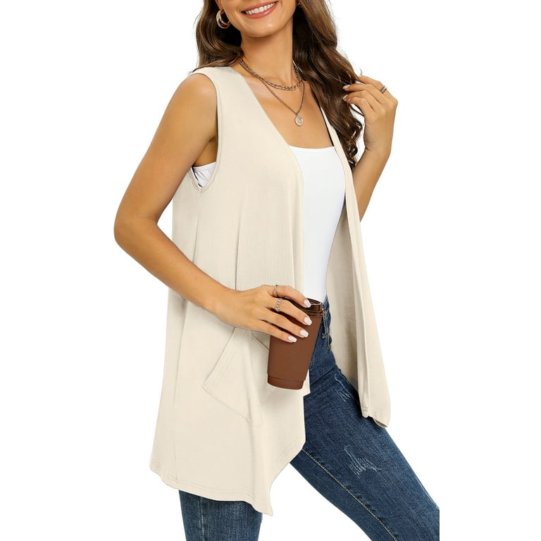Uvplove Women s Summer Sleeveless Soft Knit Cardigan with Pockets High Low Drape Front Open Cardigan Blouse Light Apricot 3XLarge