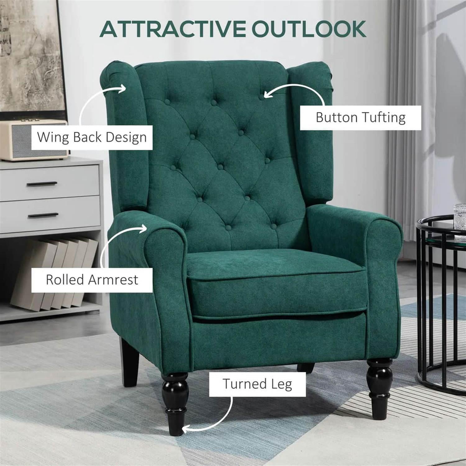 Demi Bonn 40" Modern Upholstered Armchair with High Back Button Tufted, Mid-Century Retro Wood Leg Chair for Living Room, Bedroom, Green