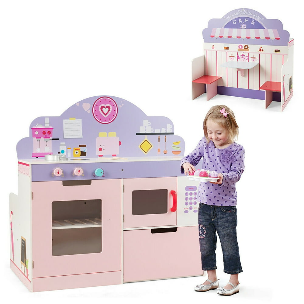 Costway 2 in 1 Kids Play Kitchen & Cafe Restaurant Wooden Pretend