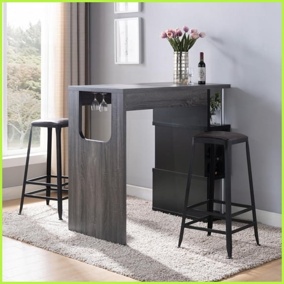 Distressed Grey & Black Coffee Table with Wine Glass Compartment, 3 Shelves for Home Bar, Space-Saving Storage Organizer