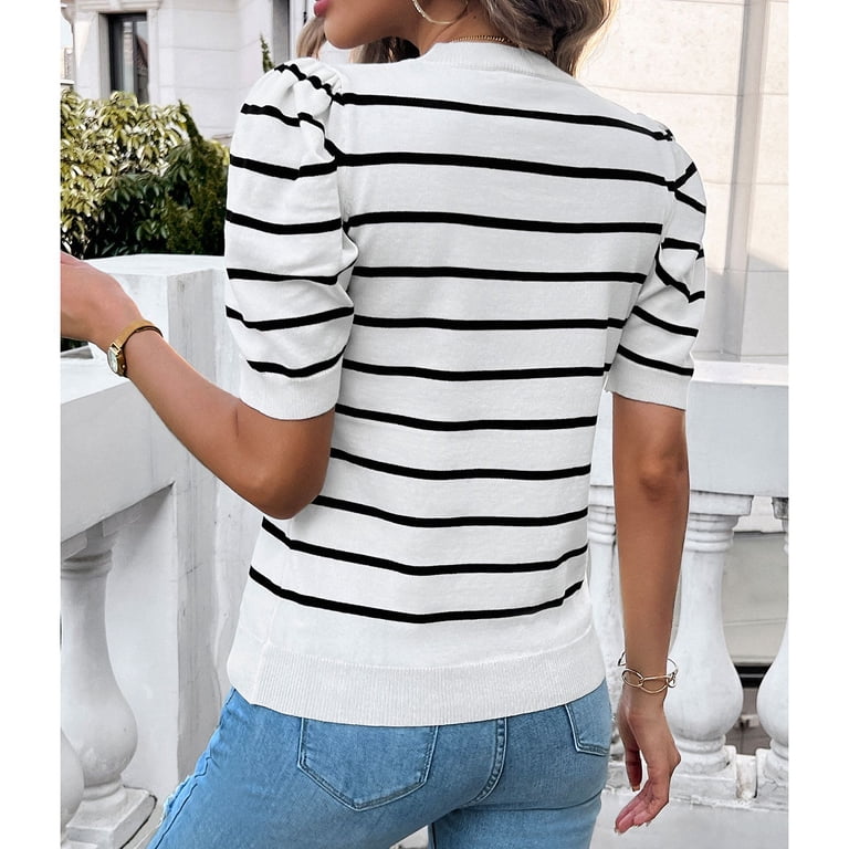 Women's Striped Puff Sleeve T-Shirt | Loose Fit Crew Neck Top | Casual & Dressy Blouse