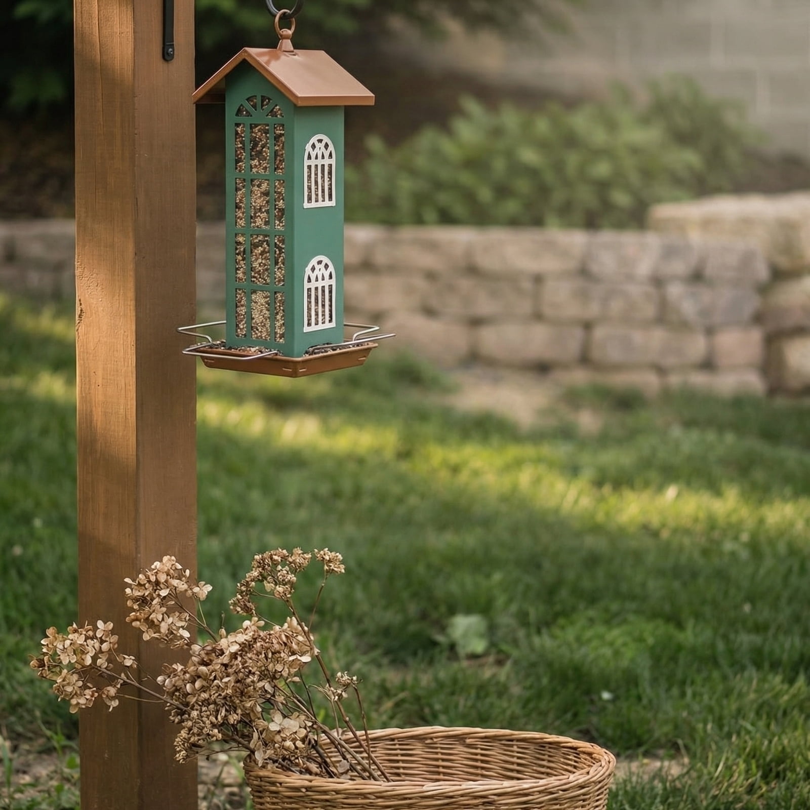 Copper Bird Feeder, Metal Bird Feeder, Outdoor Bird Feeder, Bird Feeder, Shepherds Hook for Bird Feeder, Bird Feeder Hanger, Outdoor and Garden, Bird Feeder Tray, 18X8 In, 1 Pc