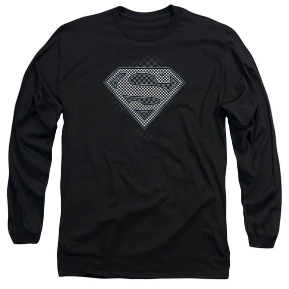 Superman Checkerboard Long Sleeve Adult 18/1 T-Shirt Black
