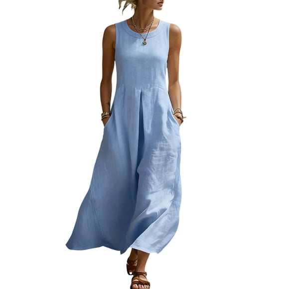 CHUMUD Summer Linen Blend Dresses for Women Round Neck Sleeveless Maxi Dress, Casual Loose Fit Dress with Pockets, Flowy Swing Dress