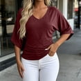 thumbnail image 2 of TEAJOPSUU Womens Summer 3/4 Sleeve Tops Casual Drop Shoulder V Neck Loose Shirts Daily Baggy Solid Polycotton Blouses Burgundy, 2 of 5