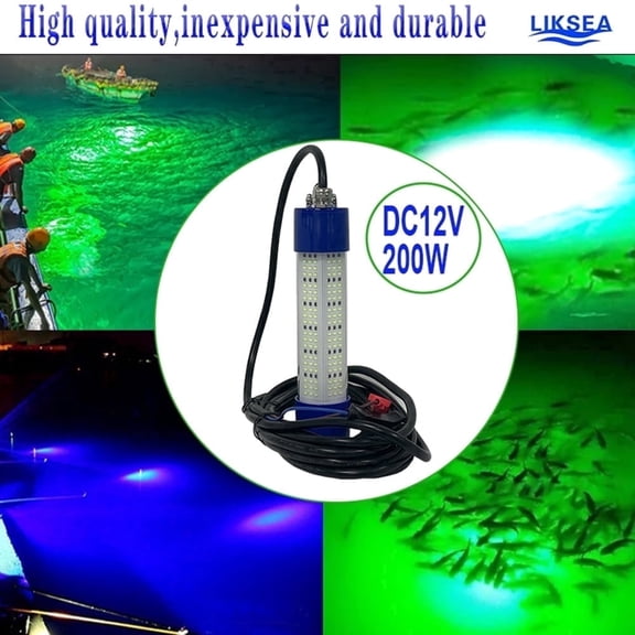 LIKSEA Brand 200W Green Light Underwater Fishing Light 12V DC Wire Length 196 Inches