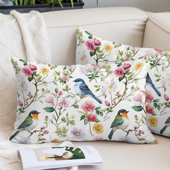 Spring Bird Floral Pillow Covers 20x30 Inch Queen Size, Summer Birds Flowers Watercolor Decorative Pillowcase with Zipper, Microfiber Pillow Protector, Breathable Pillowcases for Sofa Bed Living Room