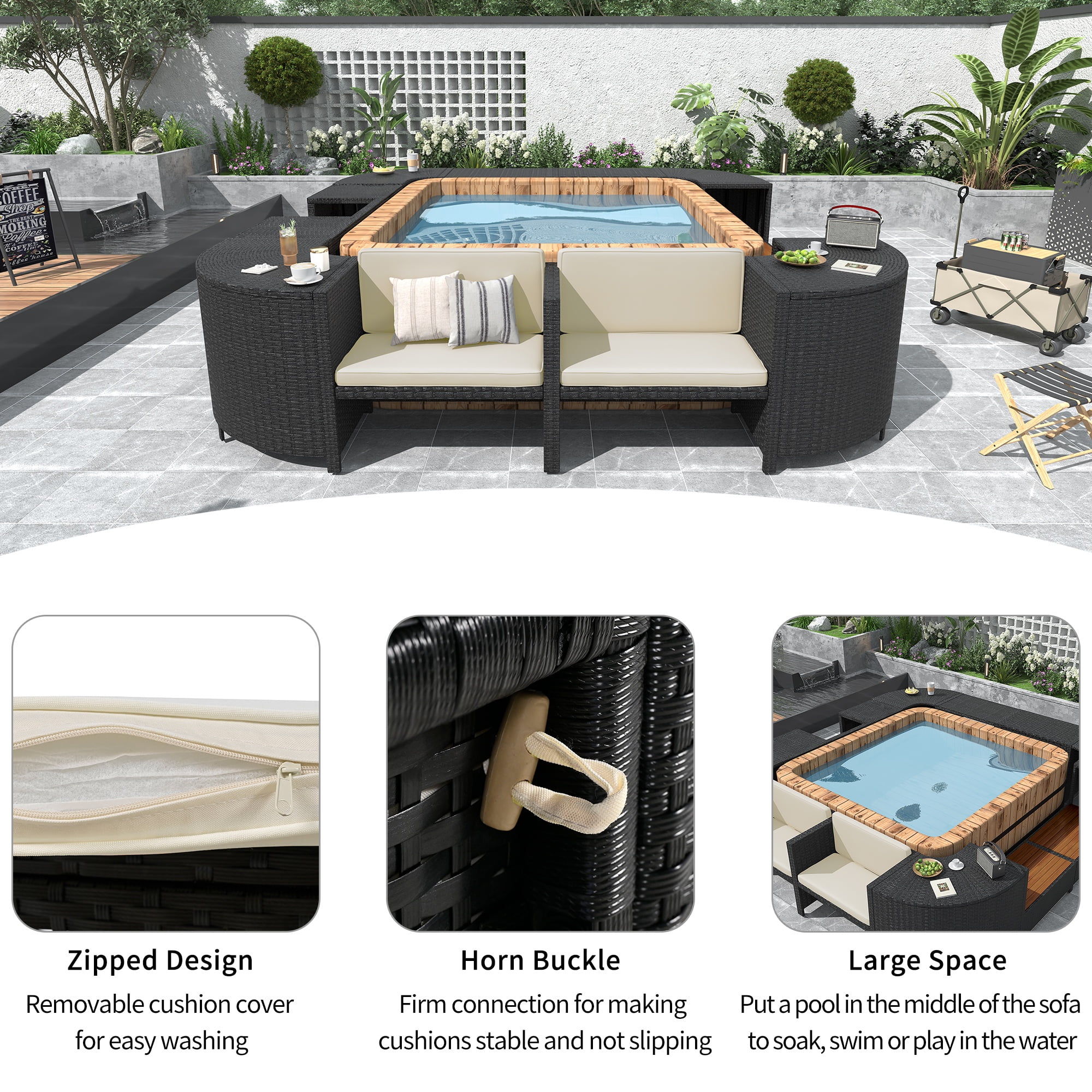 Hot Tub Outdoor Rattan Furniture Set, Surround Outdoor Spa Sectional Sofa Frame, Loveseat with Beige Cushions, Wooden Bench, Storage Cabinet, Large Top Space
