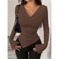 thumbnail image 4 of Women'S Long Sleeve Draped Neck Shirts Slim Fit Going Out Y2k Tops Blouses Fall Outfits Fashion Clothes Dark Brown XXL, 4 of 9