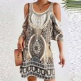 thumbnail image 4 of Vestido Alto Bajo para las Mujeres de Hombro Frío Cuello Redondo Impresión Bohemia Media Manga Mini Patinador Ropa de Playa de Verano Casual, 4 of 6