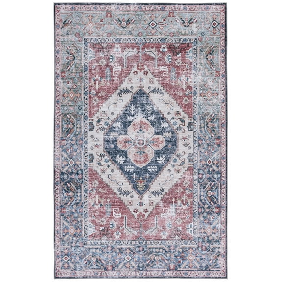 SAFAVIEH Tucson Harlow Traditional Machine Washable Area Rug, 5' x 8', Rust/Navy