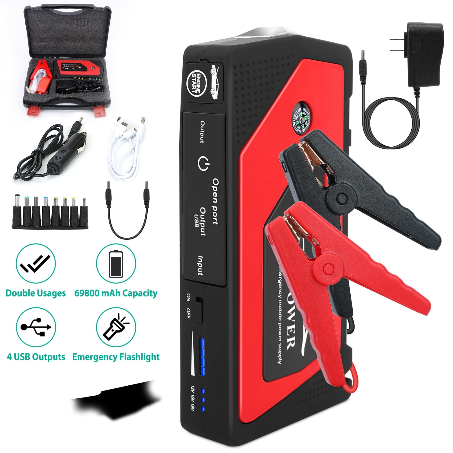 Battery Jump Starter 600A Peak Car SUV Charger Booster Jumper Cables /LED light 