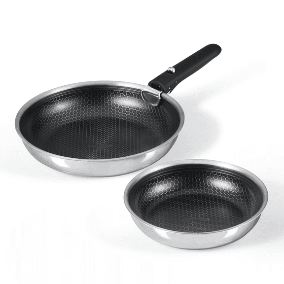 Carote 3-Piece Stainless Steel Frying Pan Set with Detachable Handle, Ceramic Hybrid Nonstick, Oven/Dishwasher Safe, Easy Stacking, Black