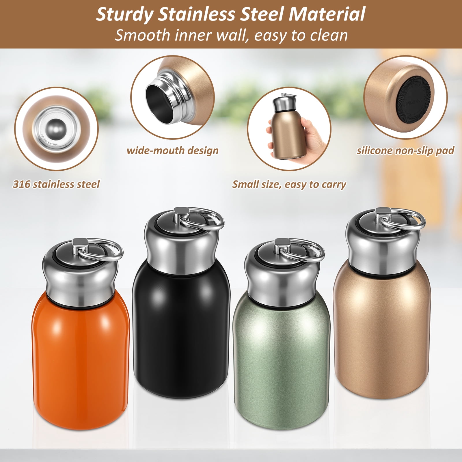 Grusce 4PCS 10.5oz Mini Water Bottles, Small Stainless Steel Insulated Bottle, Mini Thermal Coffee Flask for Cold/Hot Beverages Travel Camping Hiking
