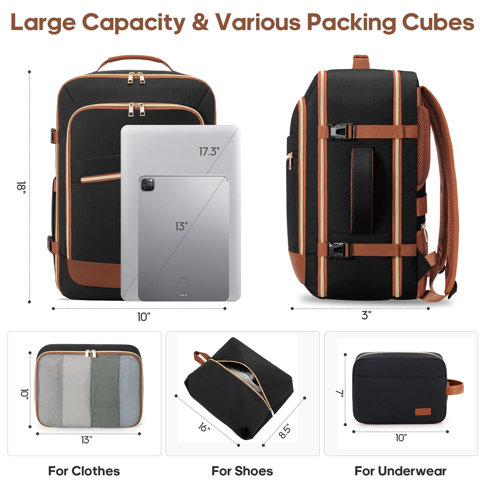UKEIN Travel Backpack for Women Carry on Backpack Flight Approved 40L Personal Item Backpack Water Proof Backpack with Packing Cubes and Shoe Pocket