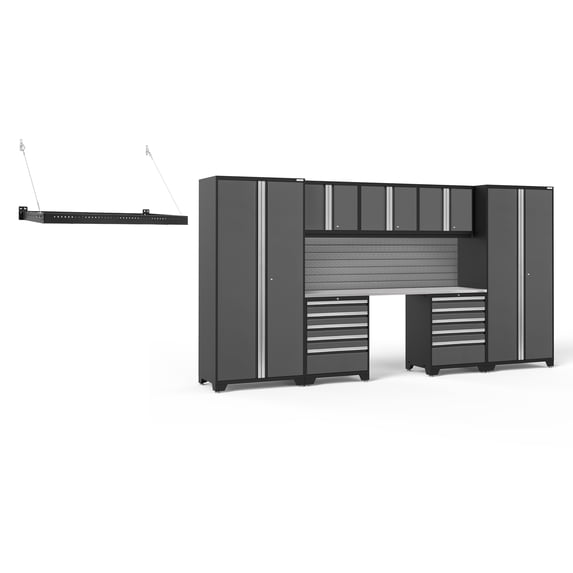 NewAge Products Pro Series Gray 9 Piece Cabinet Set, Heavy Duty 18-Gauge Steel Garage Storage System, Slatwall / Wall Mounted Shelf Included