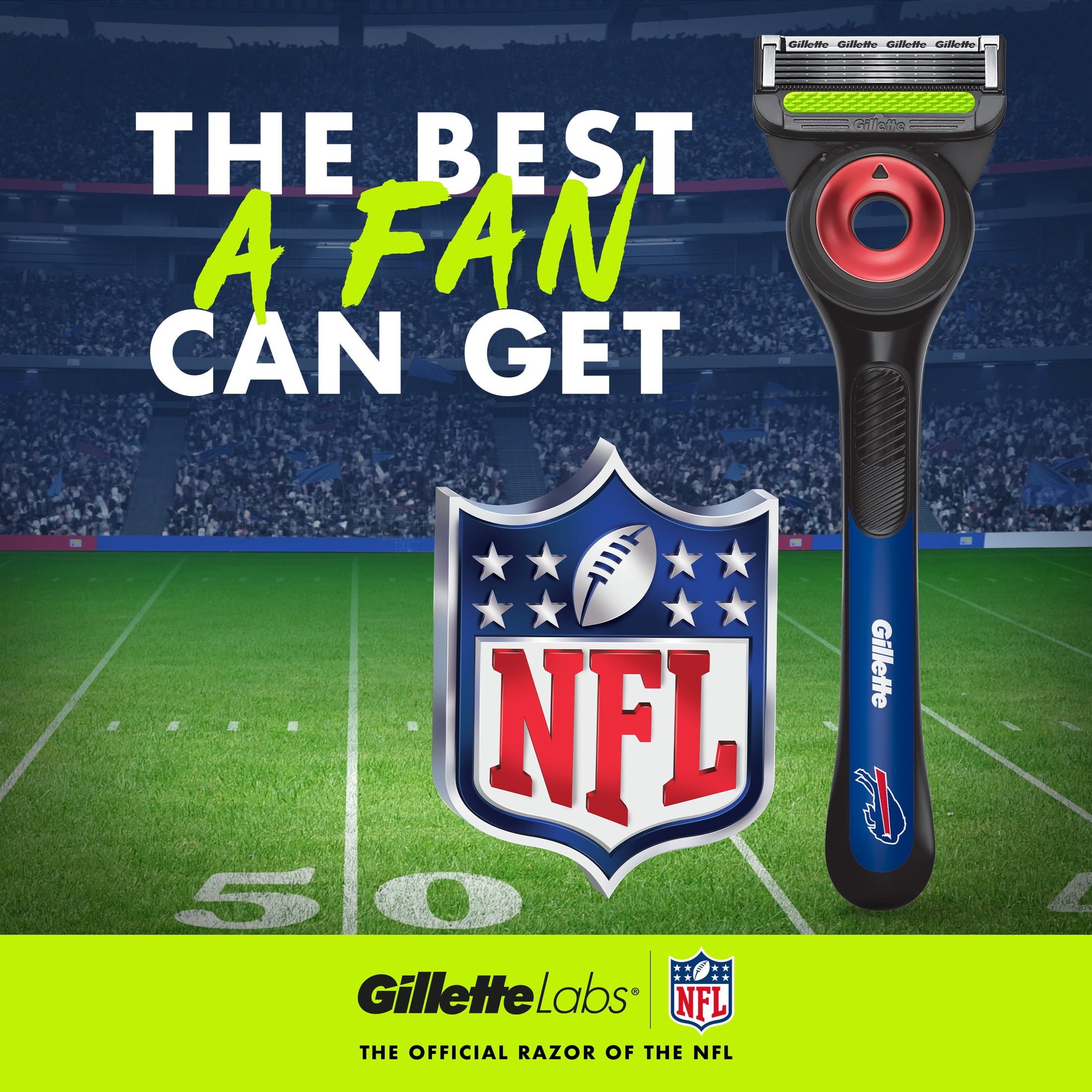 Gillette Labs Official Bills Licensed Razor for Men, Perfect for Game Day Grooming, Gillette Labs with Exfoliating Bar, 1 Handle, 4 Blade Refills, with Magnetic Stand