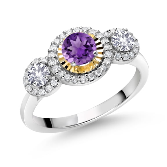 Gem Stone King 0.72 Ct Purple Amethyst White Created Sapphire 925 Silver and 10K Yellow Gold 3 Stone Women's Lab Grown Diamond Ring (Size 5)