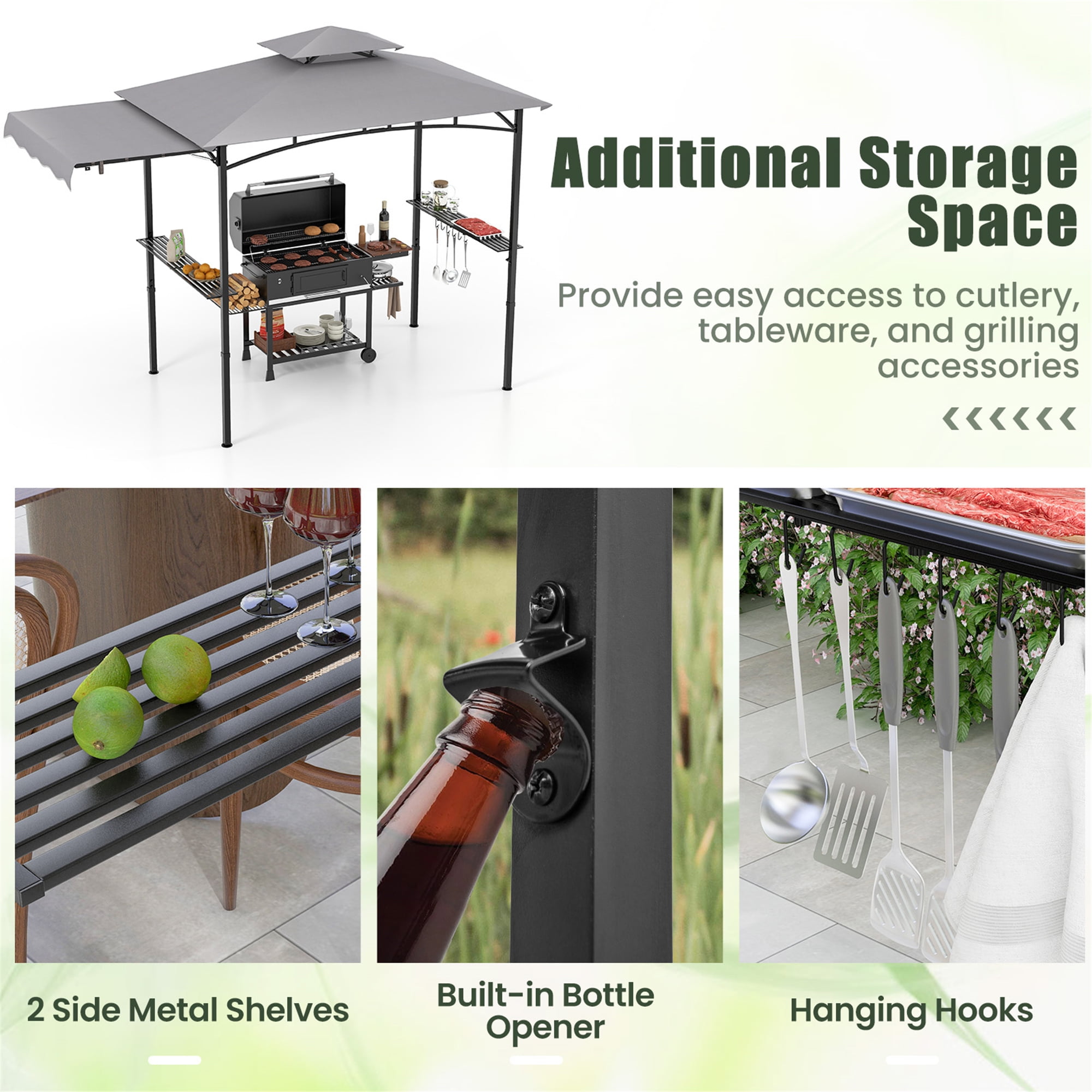 Gymax 11 x 5 FT Grill BBQ Gazebo w/ Side Awning Double-Tiered Top 2 Side Shelves